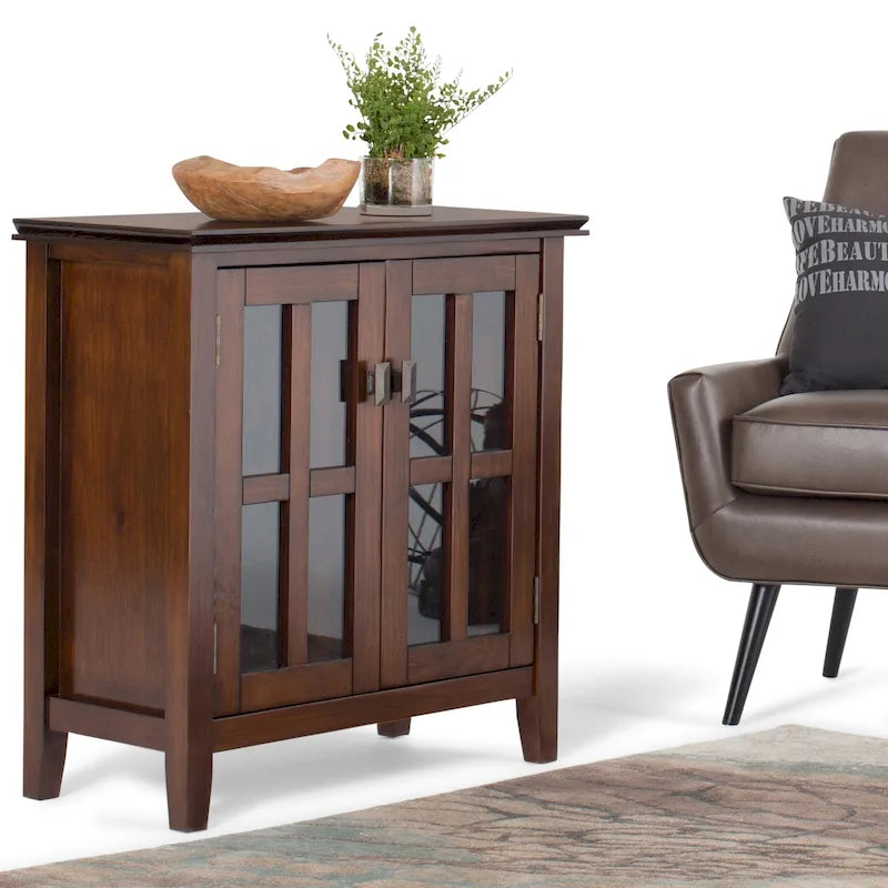 Meuble de rangement bas en bois massif avec portes doubles en verre trempé et étagères réglables