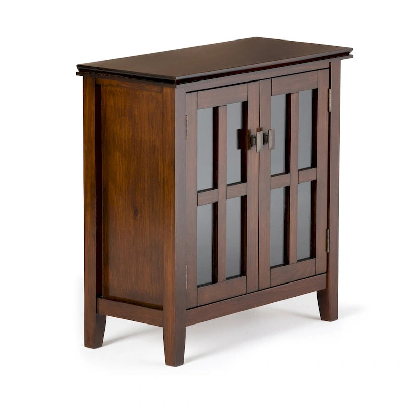 Meuble de rangement bas en bois massif avec portes doubles en verre trempé et étagères réglables