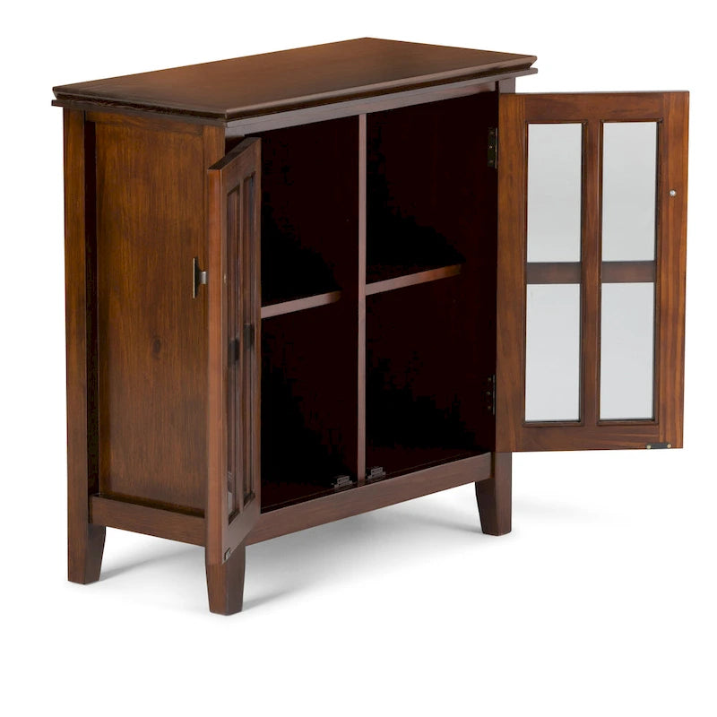 Meuble de rangement bas en bois massif avec portes doubles en verre trempé et étagères réglables