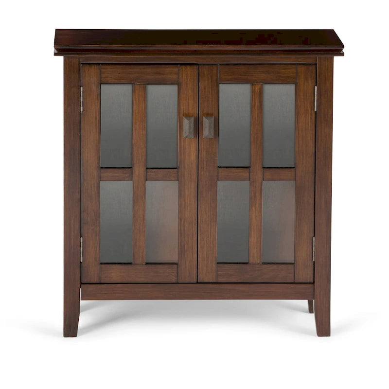 Meuble de rangement bas en bois massif avec portes doubles en verre trempé et étagères réglables