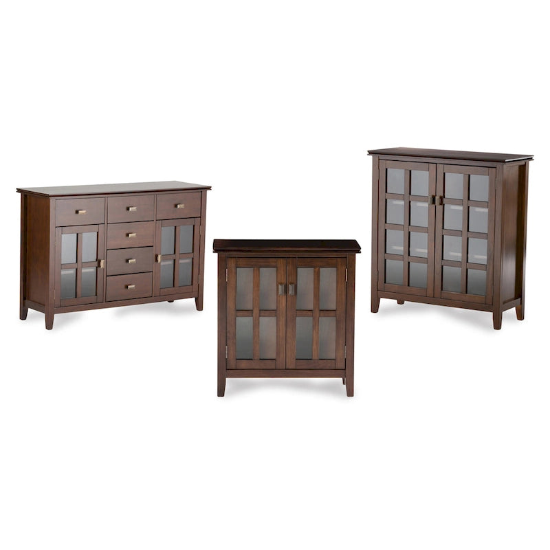 Meuble de rangement bas en bois massif avec portes doubles en verre trempé et étagères réglables