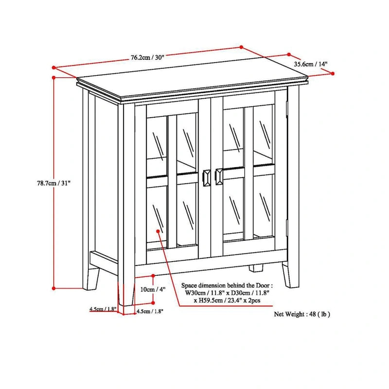 Meuble de rangement bas en bois massif avec portes doubles en verre trempé et étagères réglables