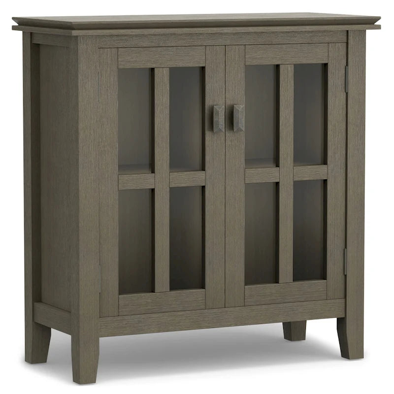 Meuble de rangement bas en bois massif avec portes doubles en verre trempé et étagères réglables