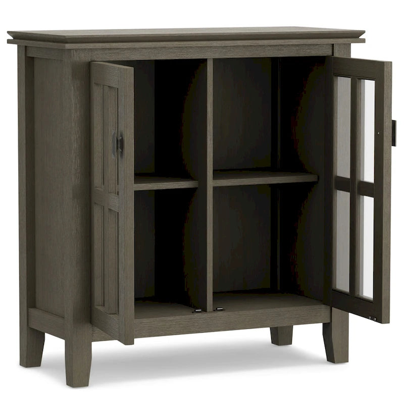 Meuble de rangement bas en bois massif avec portes doubles en verre trempé et étagères réglables
