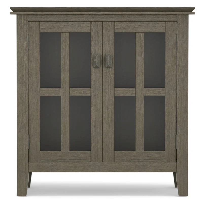 Meuble de rangement bas en bois massif avec portes doubles en verre trempé et étagères réglables