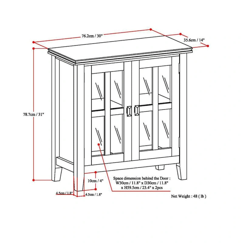 Meuble de rangement bas en bois massif avec portes doubles en verre trempé et étagères réglables