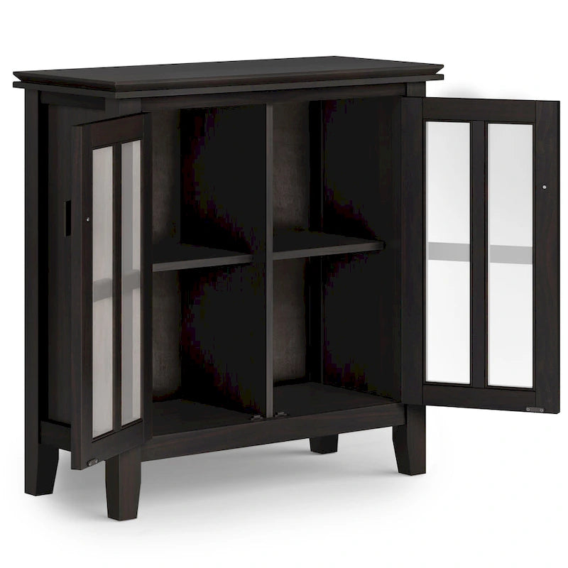 Meuble de rangement bas en bois massif avec portes doubles en verre trempé et étagères réglables