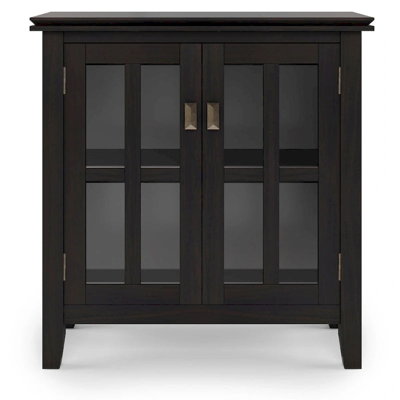 Meuble de rangement bas en bois massif avec portes doubles en verre trempé et étagères réglables