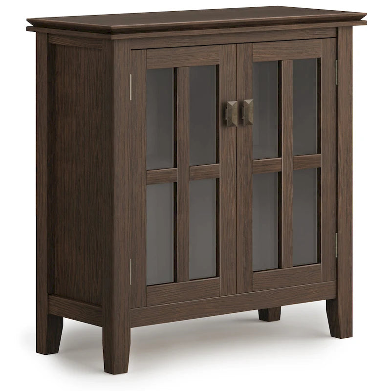 Meuble de rangement bas en bois massif avec portes doubles en verre trempé et étagères réglables
