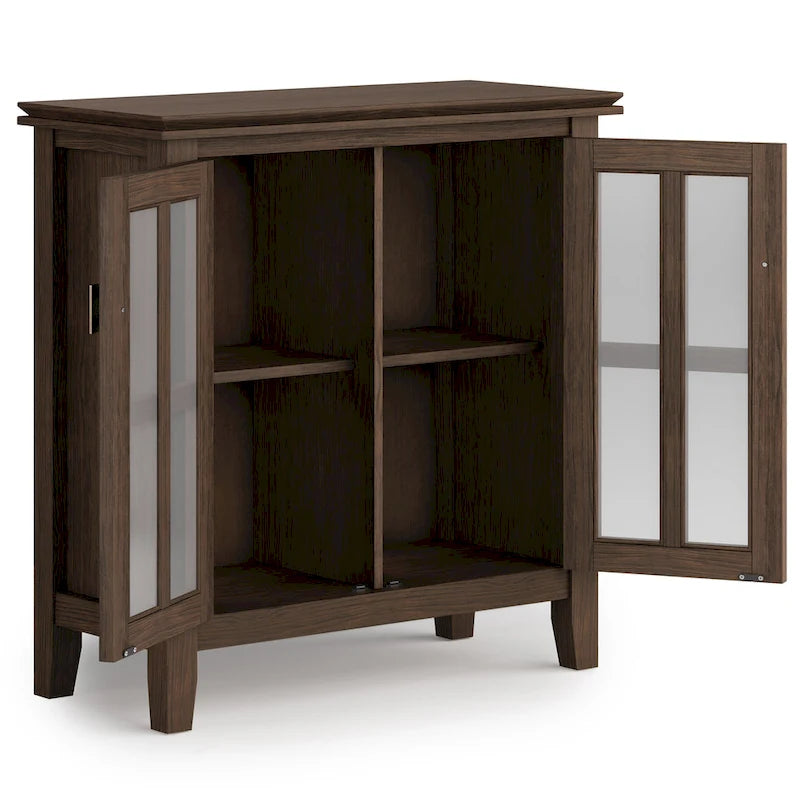 Meuble de rangement bas en bois massif avec portes doubles en verre trempé et étagères réglables