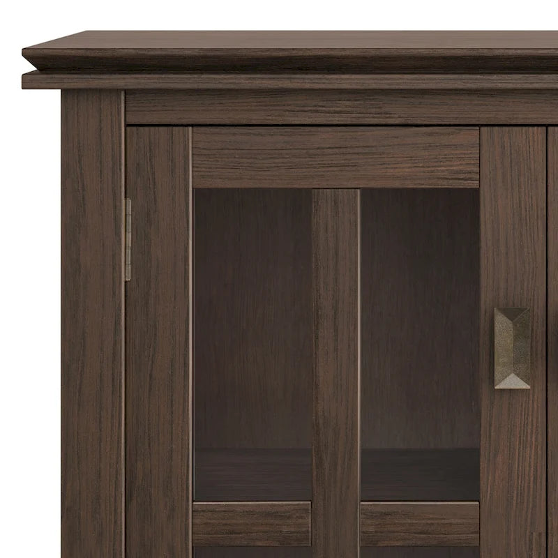 Meuble de rangement bas en bois massif avec portes doubles en verre trempé et étagères réglables