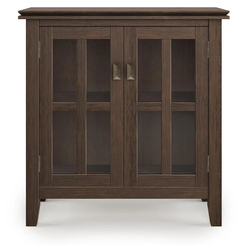 Meuble de rangement bas en bois massif avec portes doubles en verre trempé et étagères réglables