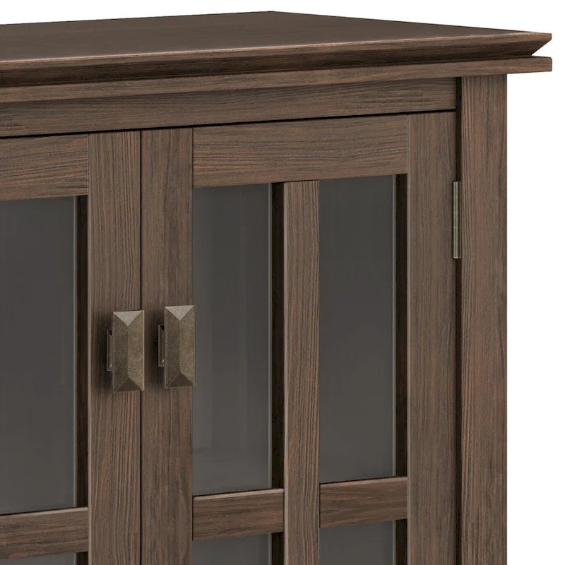 Meuble de rangement bas en bois massif avec portes doubles en verre trempé et étagères réglables