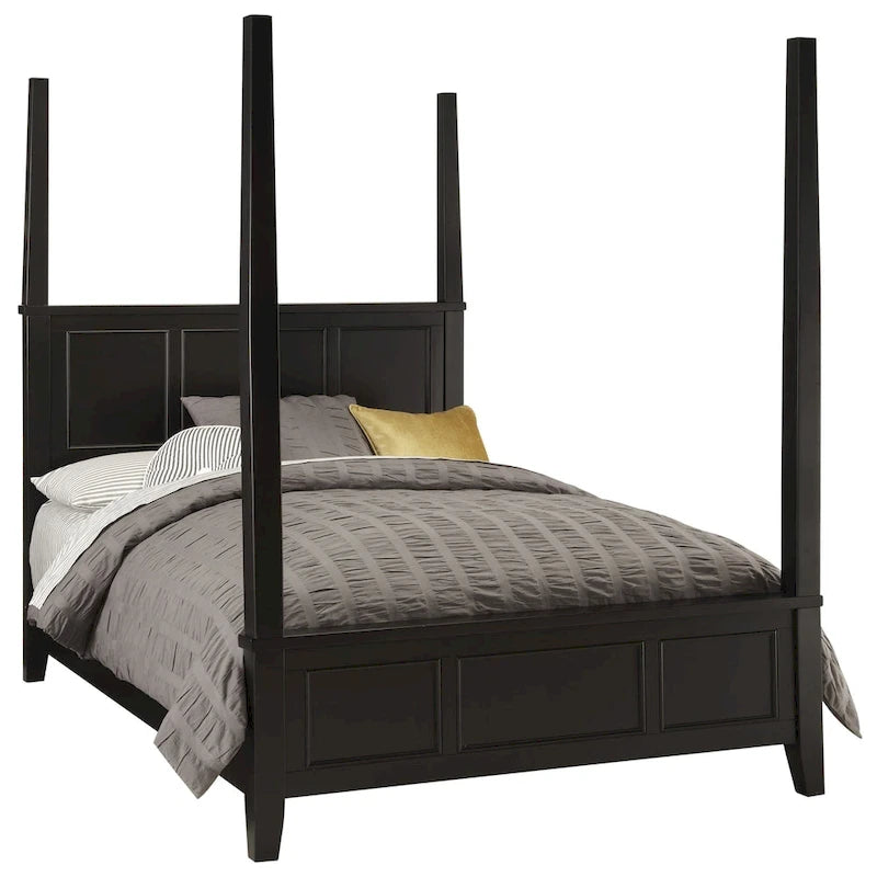 Lit à baldaquin noir King Size avec tête de lit à panneaux surélevés