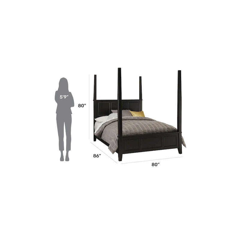 Lit à baldaquin noir King Size avec tête de lit à panneaux surélevés