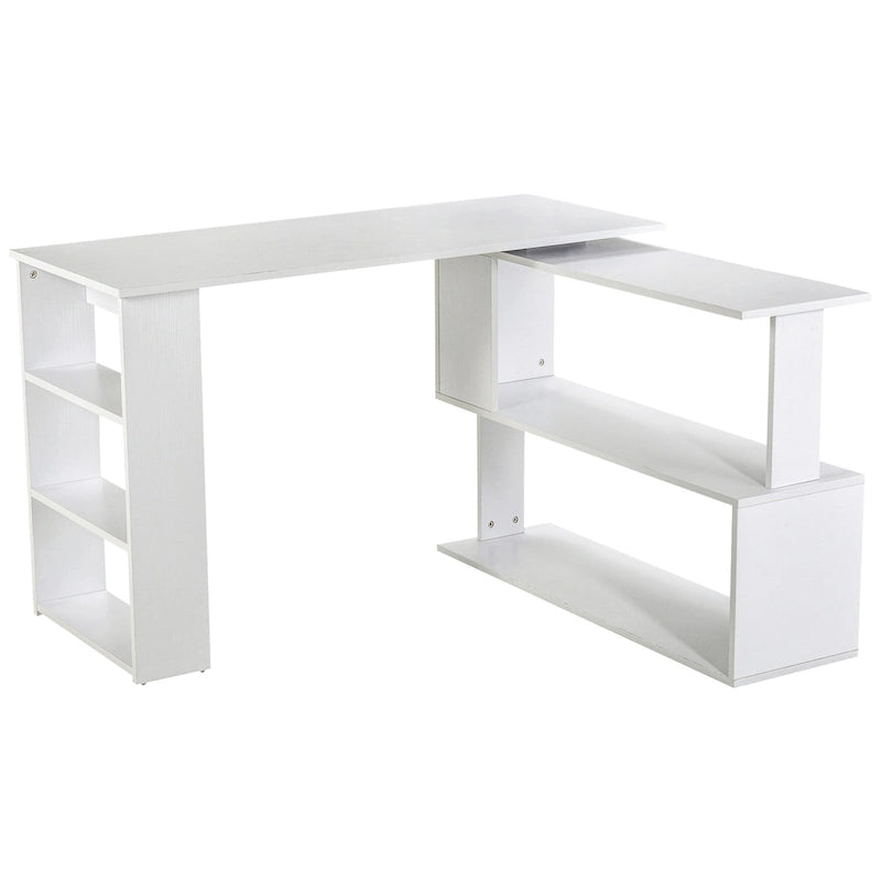 Bureau d'angle informatique en L blanc avec rotation à 360° et étagères de rangement
