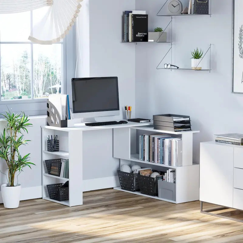 Bureau d'angle informatique en L blanc avec rotation à 360° et étagères de rangement