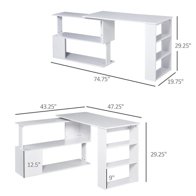 Bureau d'angle informatique en L blanc avec rotation à 360° et étagères de rangement