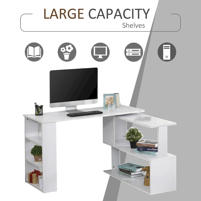 Bureau d'angle informatique en L blanc avec rotation à 360° et étagères de rangement
