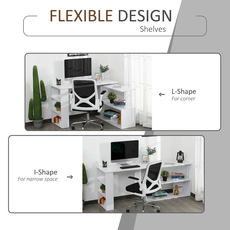 Bureau d'angle informatique en L blanc avec rotation à 360° et étagères de rangement