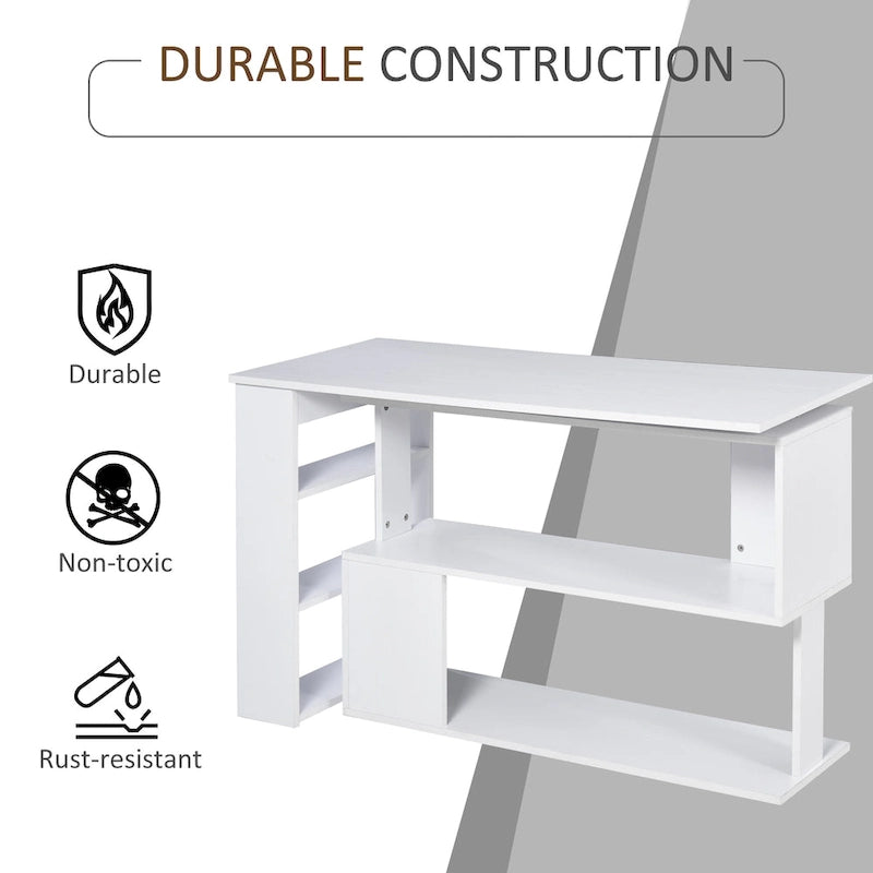 Bureau d'angle informatique en L blanc avec rotation à 360° et étagères de rangement