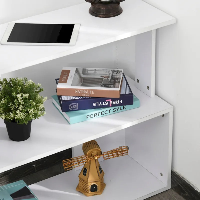 Bureau d'angle informatique en L blanc avec rotation à 360° et étagères de rangement