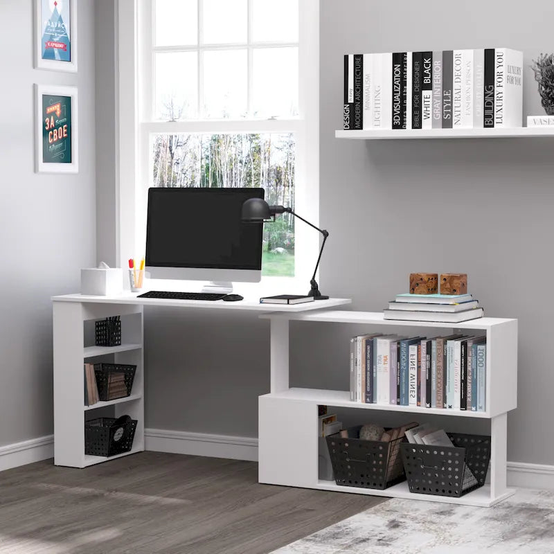 Bureau d'angle informatique en L blanc avec rotation à 360° et étagères de rangement