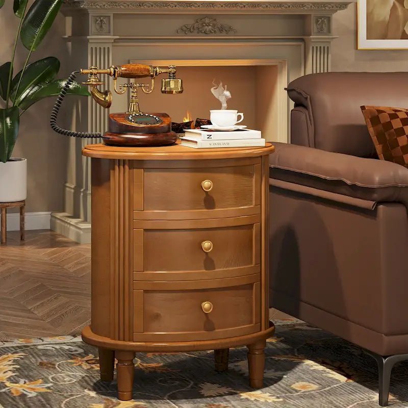 Table de chevet ovale de style campagnard avec 3 tiroirs, bois marron, pré-assemblée