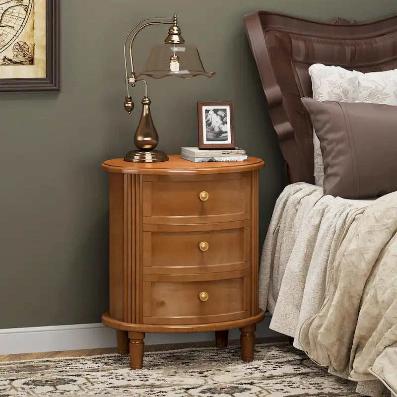 Table de chevet ovale de style campagnard avec 3 tiroirs, bois marron, pré-assemblée