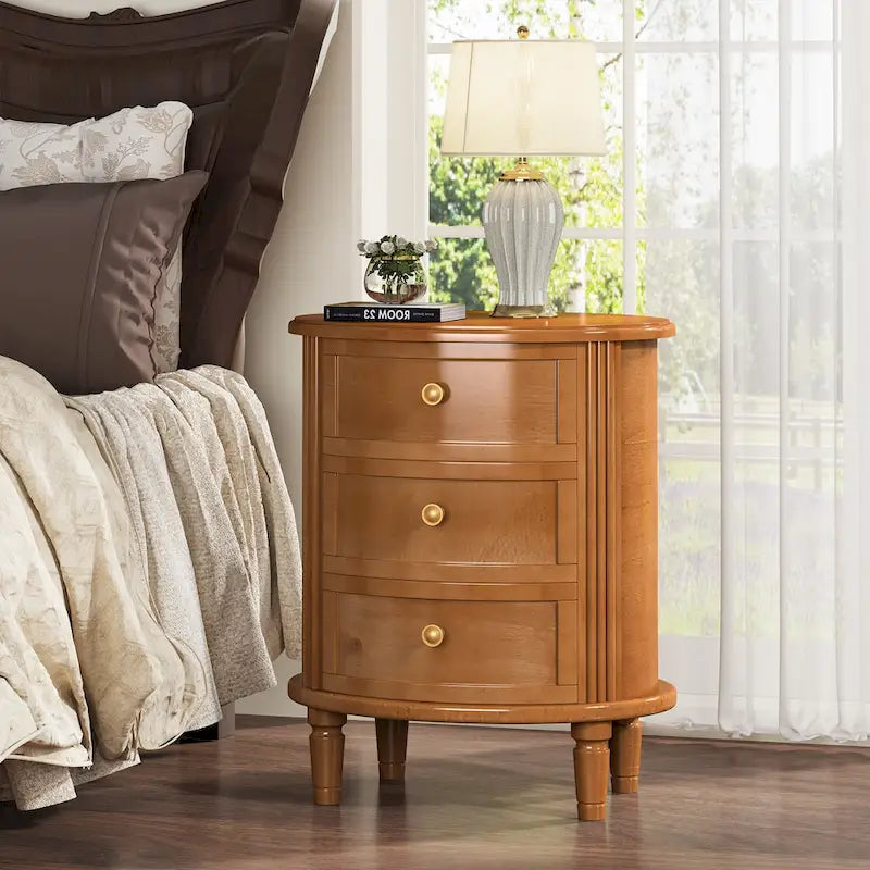 Table de chevet ovale de style campagnard avec 3 tiroirs, bois marron, pré-assemblée