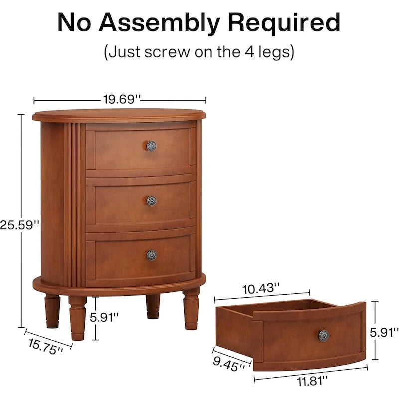 Table de chevet ovale de style campagnard avec 3 tiroirs, bois marron, pré-assemblée