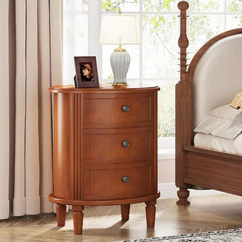 Table de chevet ovale de style campagnard avec 3 tiroirs, bois marron, pré-assemblée