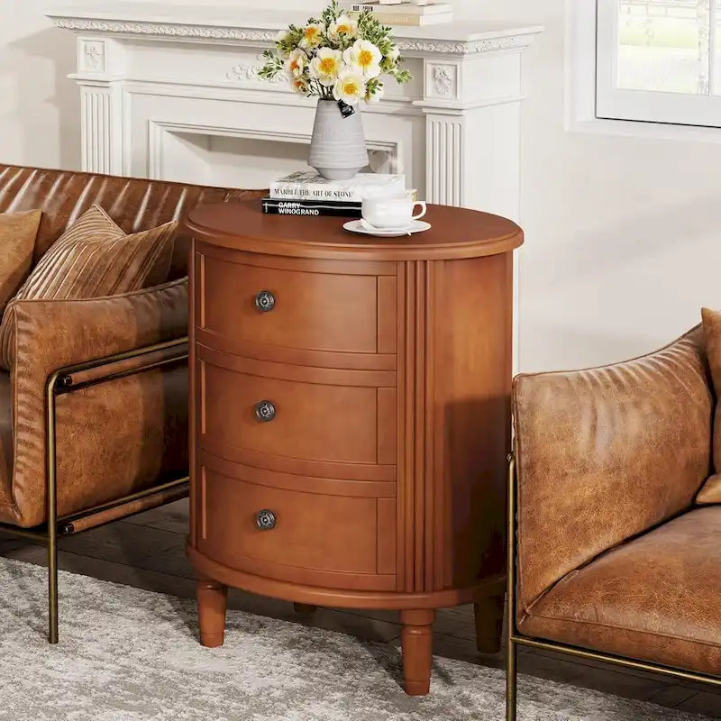 Table de chevet ovale de style campagnard avec 3 tiroirs, bois marron, pré-assemblée