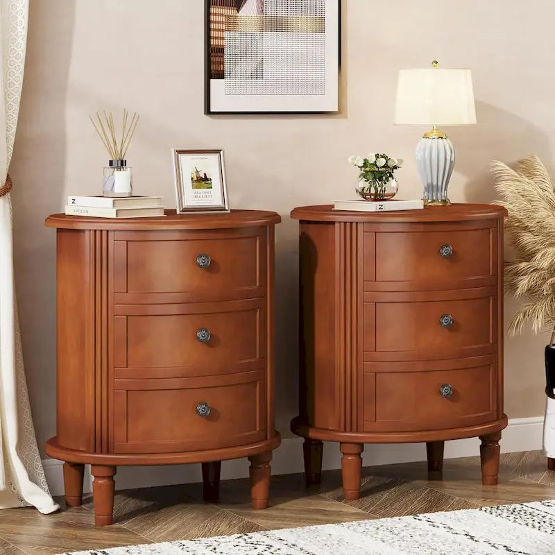 Table de chevet ovale de style campagnard avec 3 tiroirs, bois marron, pré-assemblée