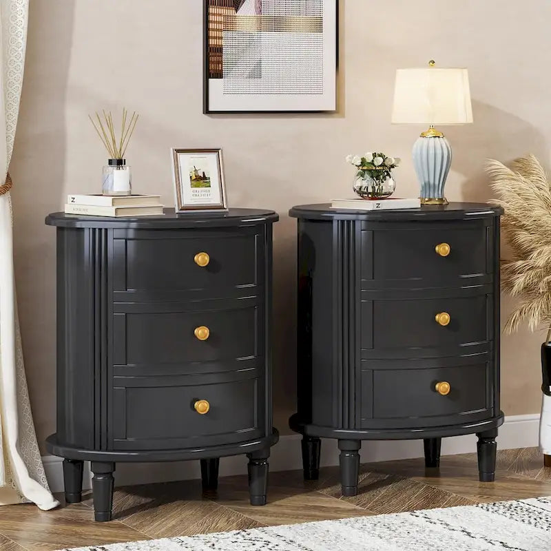 Table de chevet ovale de style campagnard avec 3 tiroirs, bois marron, pré-assemblée
