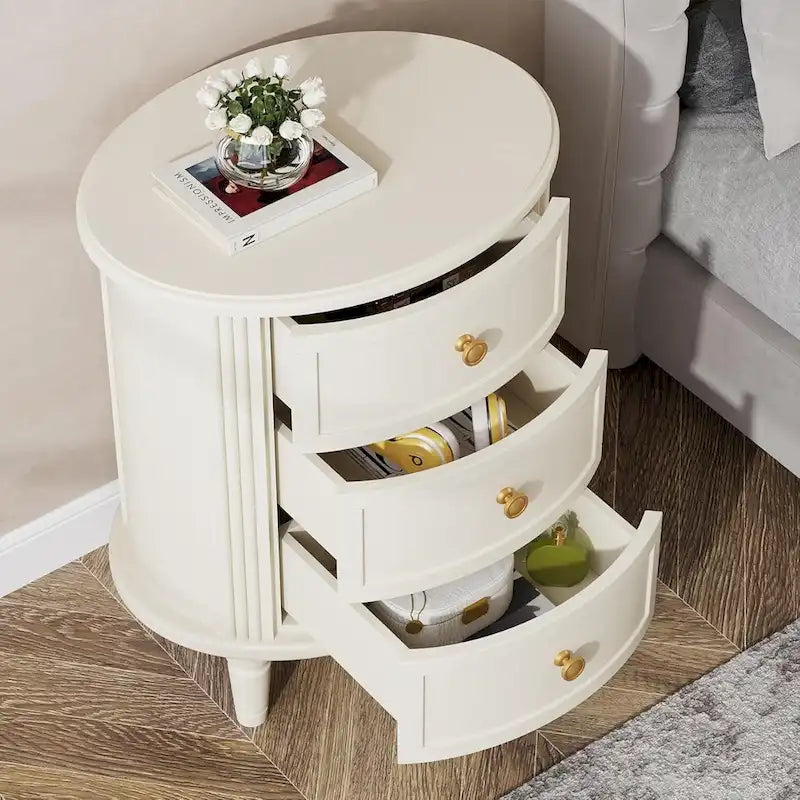 Table de chevet ovale de style campagnard avec 3 tiroirs, bois marron, pré-assemblée