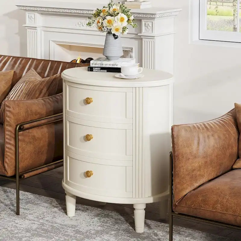 Table de chevet ovale de style campagnard avec 3 tiroirs, bois marron, pré-assemblée