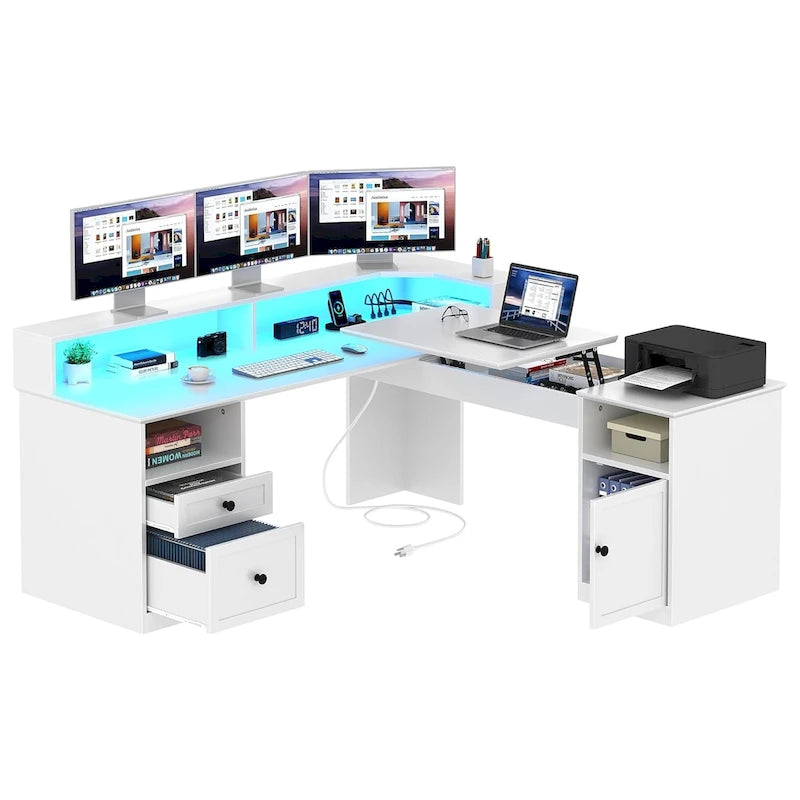 Bureau d'angle en L avec lumières LED, classeur et plateau relevable, Blanc