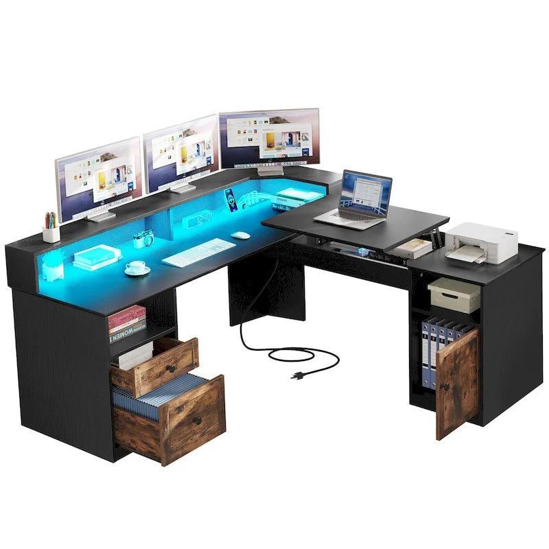 Bureau d'angle en L avec lumières LED, classeur et plateau relevable, Blanc