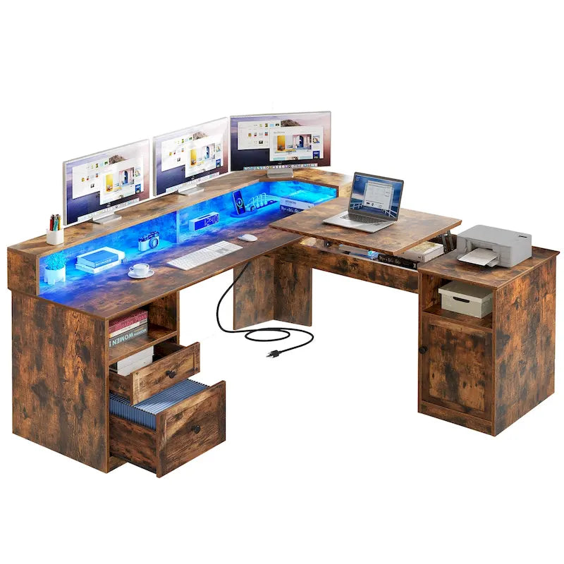 Bureau d'angle en L avec lumières LED, classeur et plateau relevable, Blanc