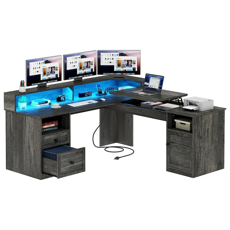Bureau d'angle en L avec lumières LED, classeur et plateau relevable, Blanc