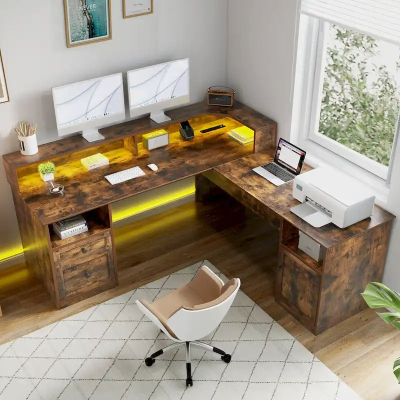 Bureau d'angle en L avec lumières LED, classeur et plateau relevable, Blanc