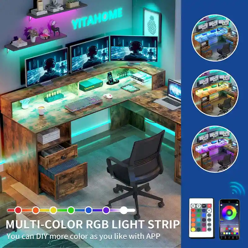 Bureau d'angle en L avec lumières LED, classeur et plateau relevable, Blanc