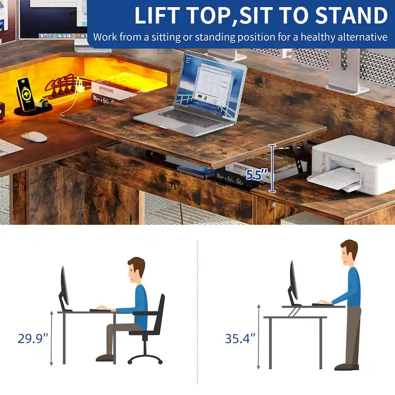 Bureau d'angle en L avec lumières LED, classeur et plateau relevable, Blanc