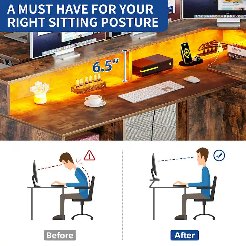 Bureau d'angle en L avec lumières LED, classeur et plateau relevable, Blanc