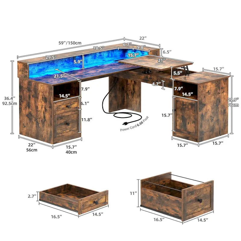Bureau d'angle en L avec lumières LED, classeur et plateau relevable, Blanc