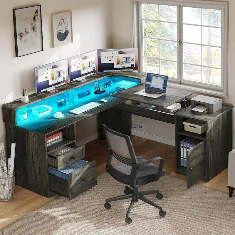 Bureau d'angle en L avec lumières LED, classeur et plateau relevable, Blanc