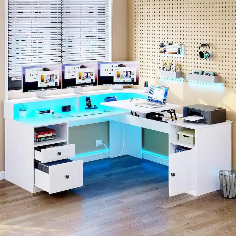 Bureau d'angle en L avec lumières LED, classeur et plateau relevable, Blanc