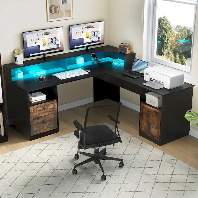 Bureau d'angle en L avec lumières LED, classeur et plateau relevable, Blanc