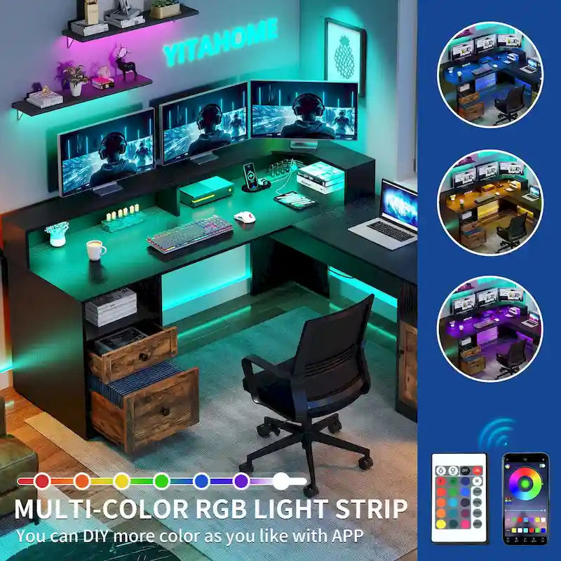 Bureau d'angle en L avec lumières LED, classeur et plateau relevable, Blanc